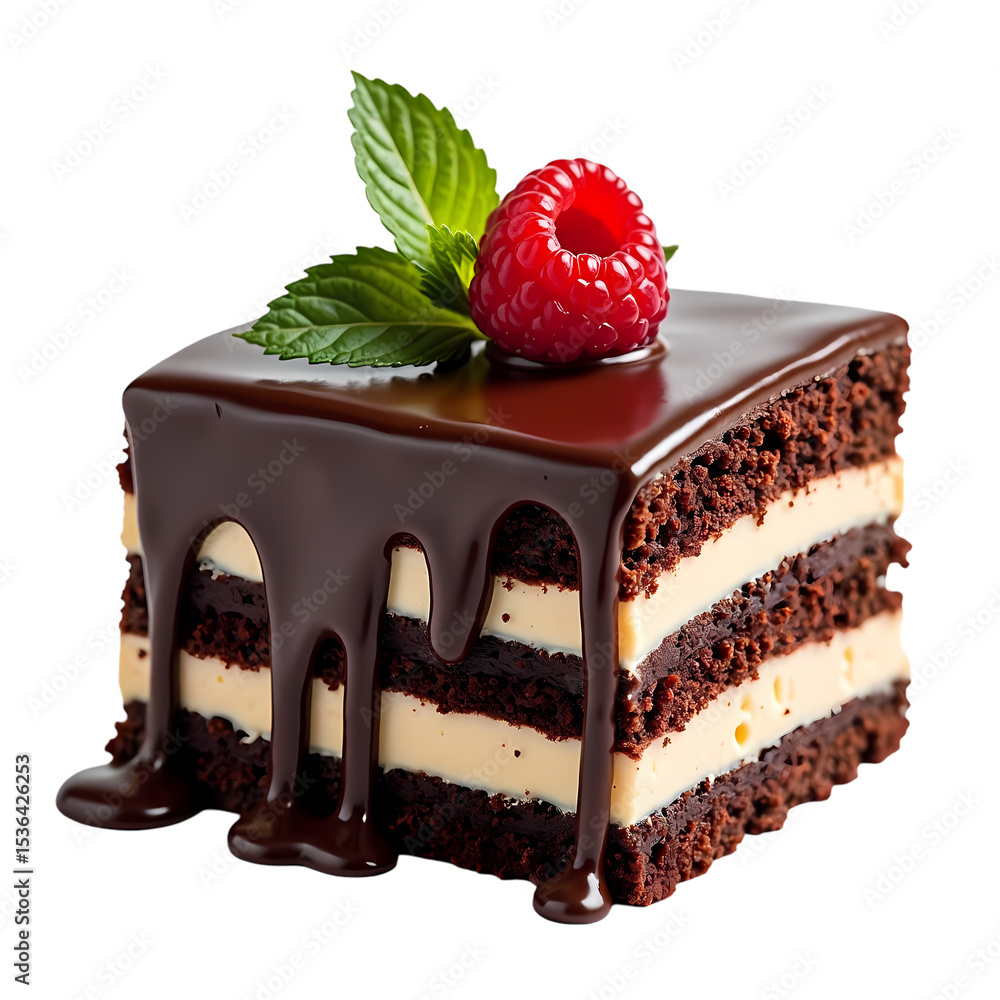 Poster a slice of chocolate cake with raspberry and mint on top view isolated on transparent background