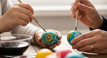 Decorating Colorful Easter Eggs with Paintbrushes on Wooden Table