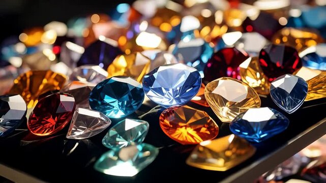 Brilliant cut gemstones scattered on dark surface, blue, red, orange, clear, faceted stones creating a sparkling treasure pile