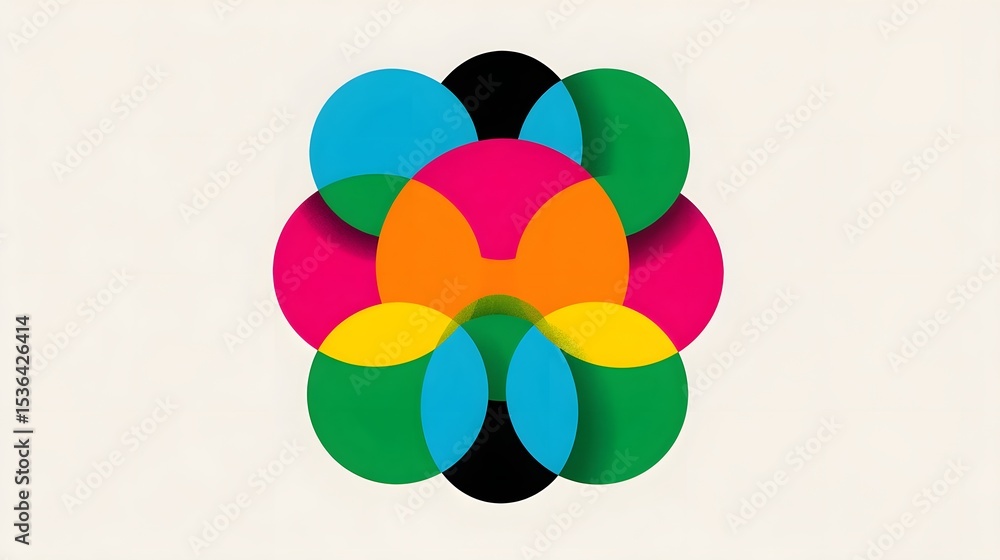 Poster a visually striking composition featuring a circular arrangement of boldly colored, intersecting geo