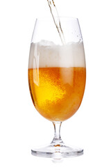 A glass of beer with a golden hue and frothy head, isolated on a clean white background