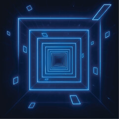 A futuristic digital tunnel made of glowing blue screens arranged in a spiral, cyberpunk style, neon reflections, sci-fi concept art.


