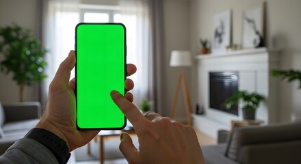 Man Holding Smartphone with Green Screen Indoors