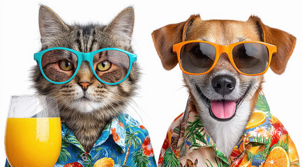 Fototapeta premium cat and dog wearing sunglasses and drinking juice