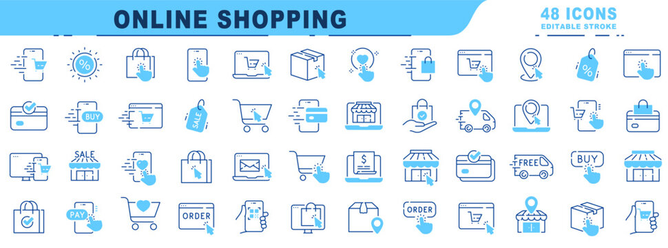 Big set of online shopping related filled icons. Editable stroke
