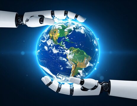 Planet Earth as a glowing orb held by robot hands, concept of AI power