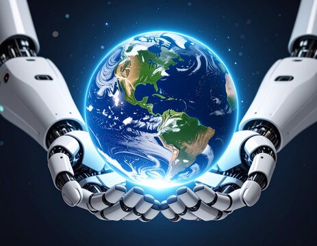 Planet Earth as a glowing orb held by robot hands, concept of AI power