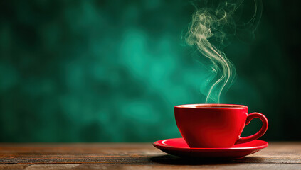 Hot red coffee cup with rising steam on wooden table and dark green abstract background