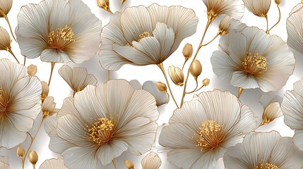 floral background in 4K with golden outlined flowers in flat vector format, symmetrical layout on clean white, perfect for sophisticated branding and textile design 