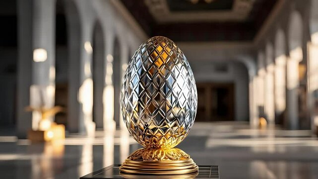A decorative, ornate egg-shaped object with a shiny surface, displayed in a grand, architectural interior.