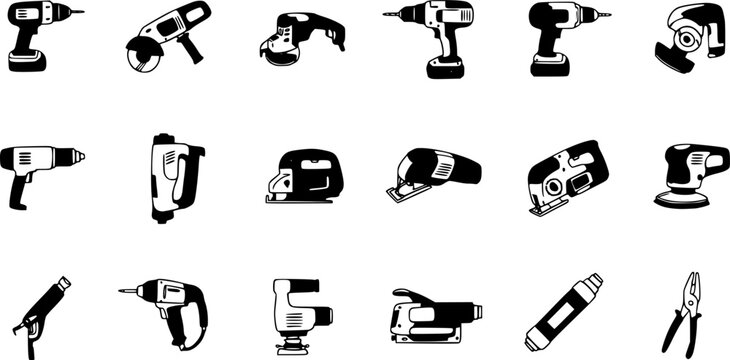 Electric sanding machine icons set. Different polishing machine icons represent various types of polishers, ideal for illustrating car detailing, woodworking, metalworking, and floor maintenance