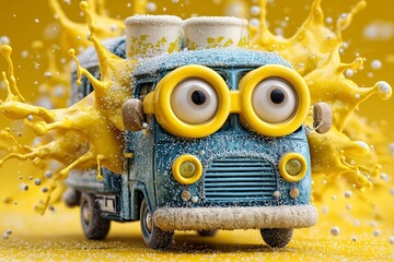 A snow-covered truck with Christmas tree goggles sipping hot cocoa, holiday marshmallow splashes on fun yellow background