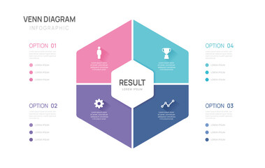 Venn diagram infographic chart template for business 4 options presentation with icon elements vector illustration.