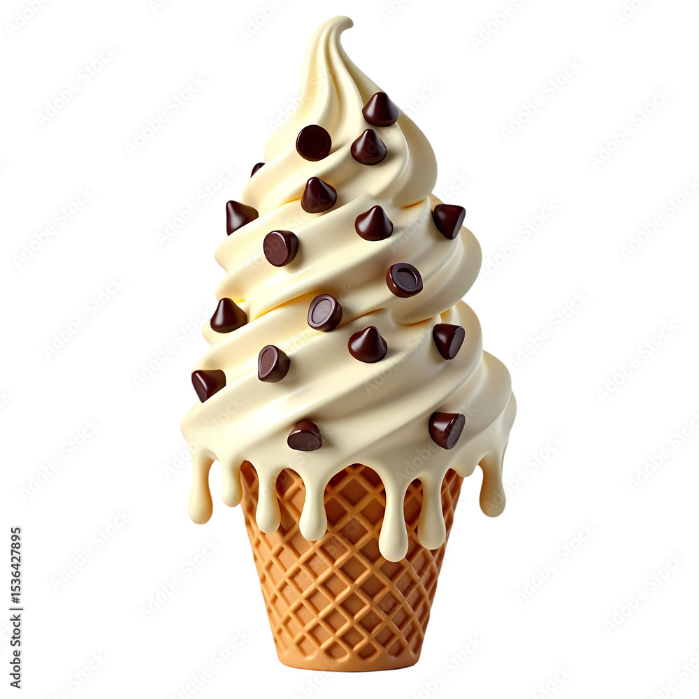Poster vanilla soft serve ice cream with chocolate chips in a cone isolated on transparent background