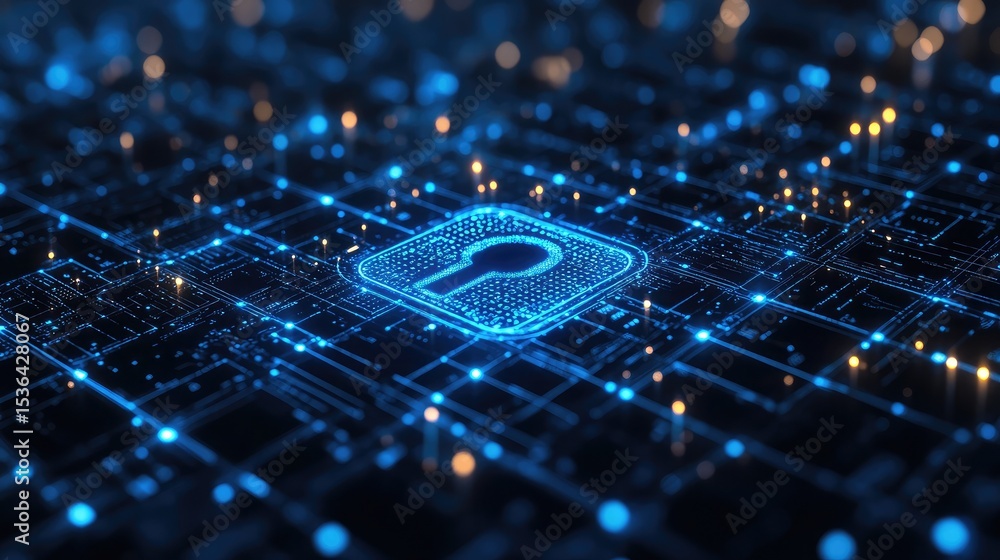 Wall mural a glowing blue keyhole icon on a complex circuit board design representing digital security measures