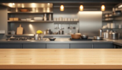 Warm wooden table with blurred indoor cooking class setup, kitchen tools, stainless counters, culinary mockup for food visuals