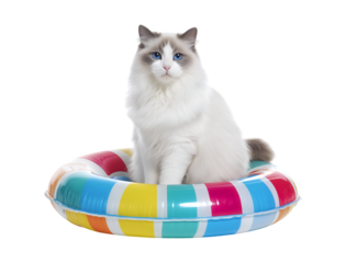 Adorable Ragdoll cat sitting on a colorful inflatable ring isolated against a transparent background