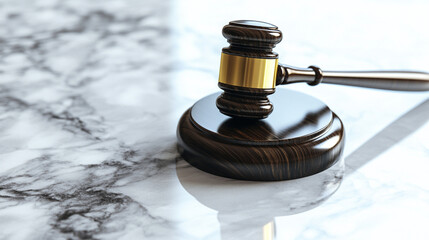 Photorealistic dark brown gavel with gold accents displayed on a clean white marble background for legal use
