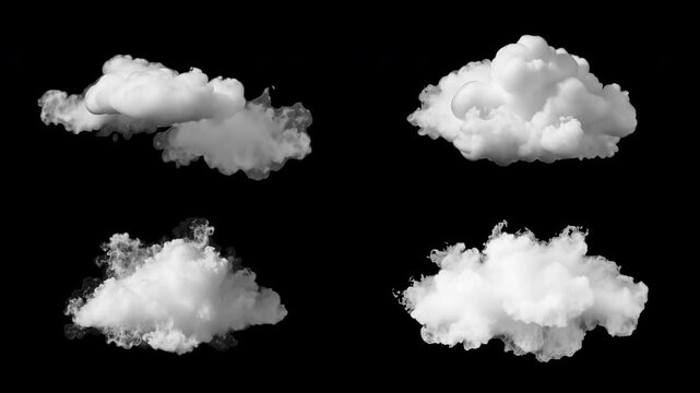 Four realistic cloud illustrations animation isolated asset, transparent 4K video, alpha channel, ProRes 4444 set
