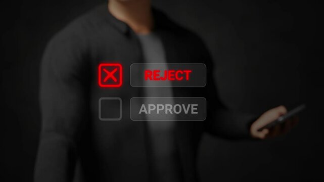 Business rejection, disapproval, objection, decision making, corporate workflow, business management, decision denied, process control. Businessman touching reject on virtual screen. 4K 3D animation