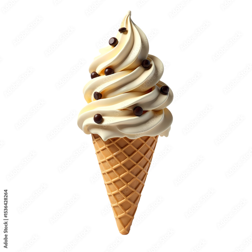 Poster a vanilla soft serve ice cream cone with chocolate chips on top isolated on transparent background
