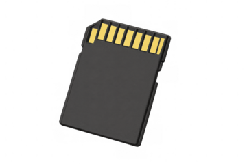 Compact sd memory card revealing golden connectors against sleek black surface, positioned on clear backdrop