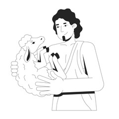 Biblical shepherd tenderly cradling lamb in arms 2D line bible character. Old testament. Compassionate man in toga holding sheep isolated vector ink outline person. Monochromatic spot illustration