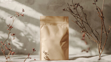 Recyclable Kraft Paper Pouch Mockup with Twigs Highlighting Natural Elements in Soft Clean Lighting for Eco friendly Uses