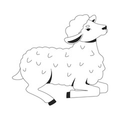 Lamb lying down in peaceful pose 2D line character. Innocence. Pastoral gentle creature. Cute little sheep with soft white wool isolated vector ink outline animal. Monochromatic spot illustration