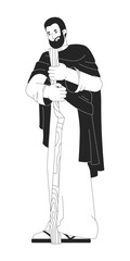 Joseph holding wooden staff 2D line bible character. Biblical kind guardian. Spiritual leader shepherd humble man standing isolated vector ink outline person. Monochromatic spot illustration