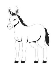 Standing donkey with black mane 2D line character. Domesticated desert animal. Beast of burden. Rural mule. Cute livestock isolated vector ink outline animal. Monochromatic spot illustration