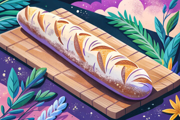 French baguette with golden crust and flour dust on surface, placed on rustic background. Perfect for bakery branding, culinary illustrations, or traditional bread visuals