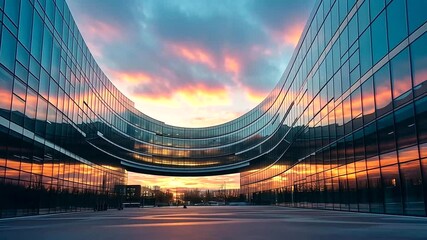 Futuristic architecture modern office building reflecting sunset light on glass facade
