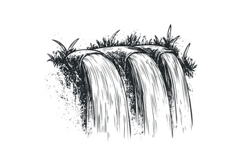 Obraz premium Sketch of a waterfall with lush foliage and cascading streams. Vector retro hand drawn illustration