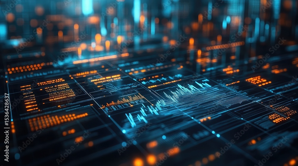 Wall mural a detailed view of a futuristic interface with glowing lines and data displays in shades of blue and
