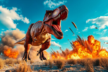 A dinosaur with its mouth open in front of a large explosion