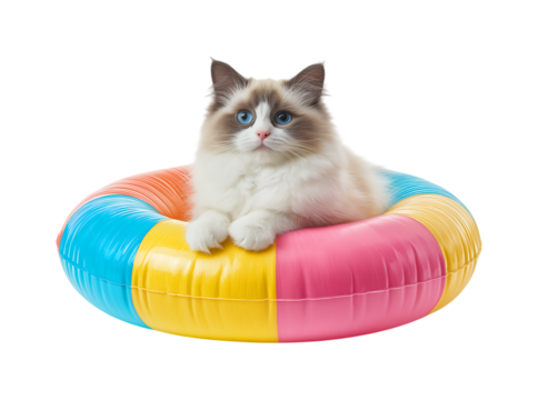 Cute white ragdoll cat sitting on top of a colorful inflatable swim ring isolated against a transparent background