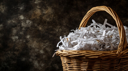 Recycled shredded paper artfully arranged in a brown wicker basket under soft dramatic lighting showcasing texture