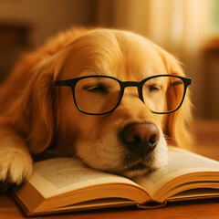 Adorable golden retriever dog wearing glasses sleeping peacefully on an open book