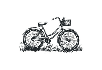 Obraz premium Vintage bicycle sketch with basket on grass. Vector retro hand drawn illustration