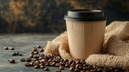 Eco Friendly Recycled Coffee Cup Mockup Featuring Hemp Fabric and Scattered Coffee Beans in Soft Natural Lighting