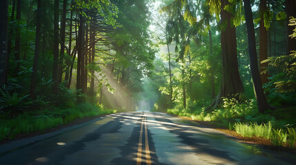 Obraz premium Serene Sunlit Forest Paths: Morning Light Filtering Through Lush Canopies