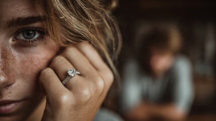 Close-Up Portrait of a Young Woman with Freckles and an Engagement Ring, Soft Lighting, Blurred Background, Emotional Expression Captured in Natural Setting