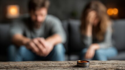 Emotional couple facing relationship issues while sitting on a couch, an ashtray with cigarette butts in focus on a wooden table, conveying tension and conflict