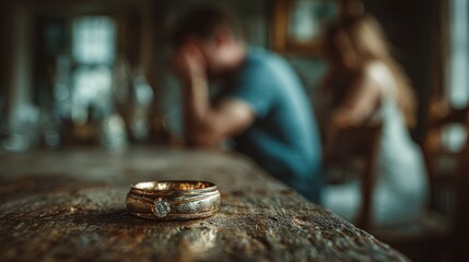 Close-Up of a Gold Wedding Ring on a Rustic Wooden Table in a Distressed Setting with a Blurred Couple in the Background Experiencing Emotional Conflict