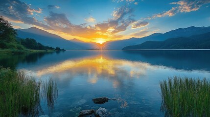 A serene lake reflecting the sunset with mountains and clouds in the background providing tranquility
