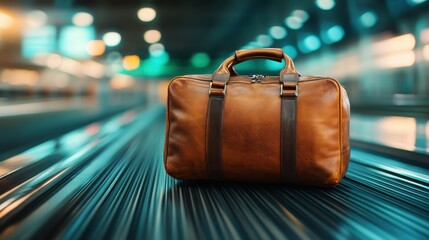 A sophisticated brown leather bag stylishly placed on a moving walkway, conveying a sense of travel, adventure, and the luxury of modern exploration in busy urban environments.