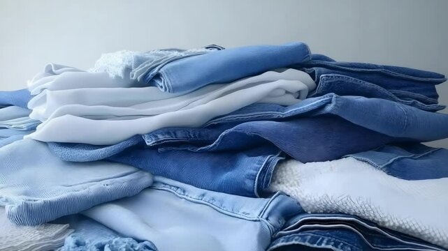 A pile of various fabrics in shades of blue, including denim and soft textiles, arranged haphazardly.