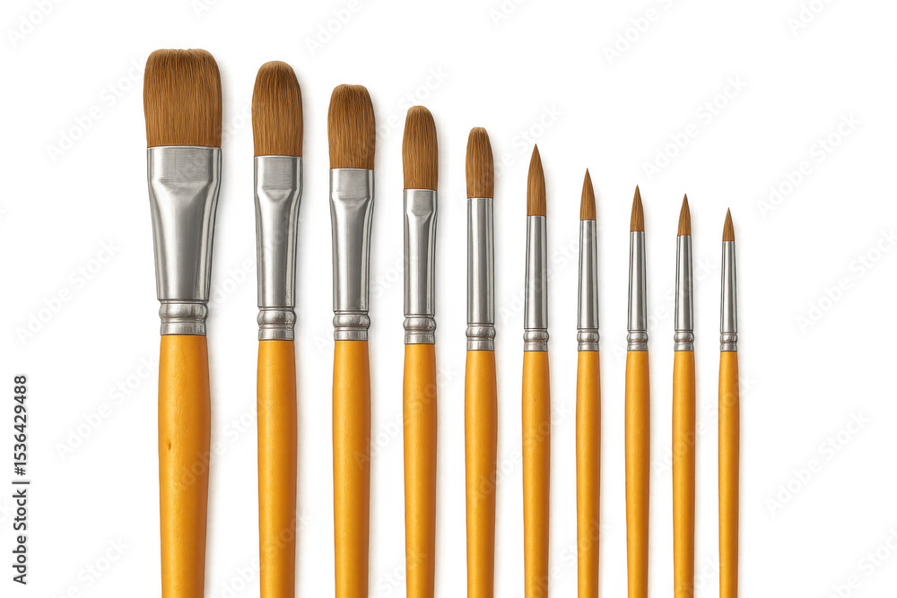 Poster different sizes of paintbrushes displayed on a transparent background, ideal for artists and creativ