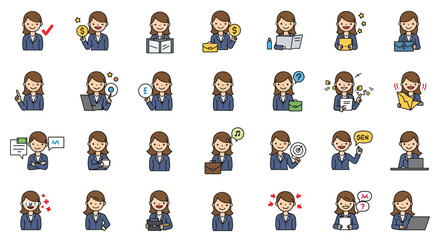 Collection of Cartoon Businesswoman Character in Various Poses and Activities Illustration